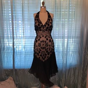 Sue Wong crochet lines halter dress with tassels